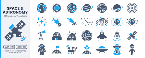 Fototapeta na wymiar Astronomy glyph icon set. Space planet, Earth, moon, sun, galaxy, rocket astronaut, alien minimal vector pictogram. Flat illustration for science, cosmos exploration, and solar system mission design.