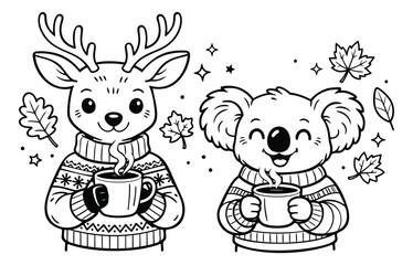 Fototapeta premium Hand drawn line art cute animal set featuring a deer and a koala wearing sweaters and holding hot drinks for autumn and winter season