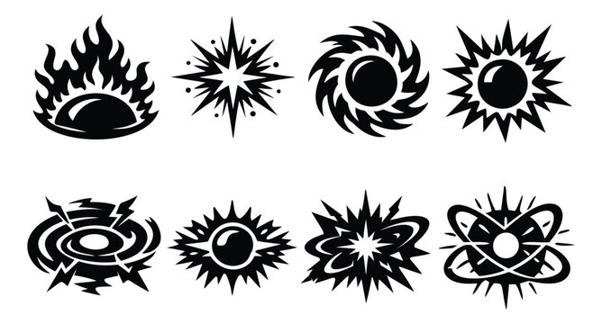 Graphic abstract power symbols set featuring explosions, bursts, and energy effects for game development