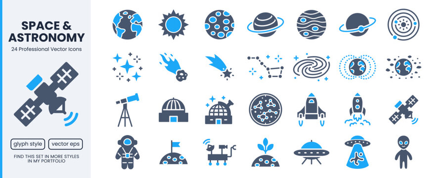 Astronomy glyph icon set. Space planet, Earth, moon, sun, galaxy, rocket astronaut, alien minimal vector pictogram. Flat illustration for science, cosmos exploration, and solar system mission design.