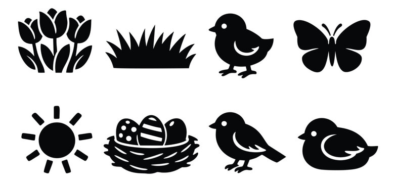 Minimalist spring nature icon set featuring chicks, tulips, and easter eggs for spring and easter designs