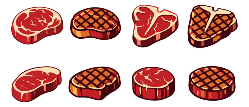 Cartoon steak set featuring different kinds of raw and grilled beef steaks for menu design or food promotion