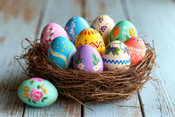 Obraz premium Nido pasquale con uova decorate a mano colorate su legno rustico. Generative AI 