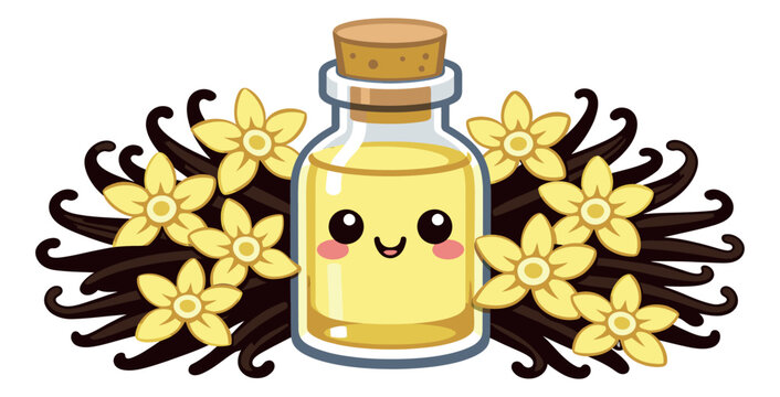 Cute cartoon vanilla illustration set featuring a happy extract bottle, vanilla beans, and flowers for food, dessert, aromatherapy, and cosmetic design