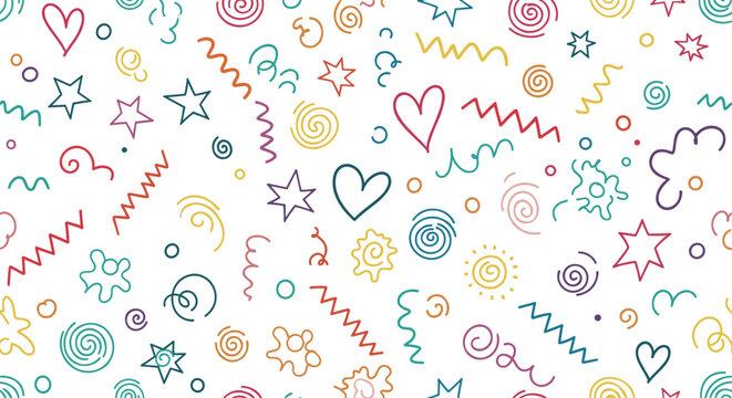 Seamless pattern features a playful collection of hand drawn colorful doodles including hearts stars swirls and zigzags on white.