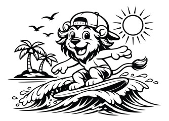 Fototapeta premium Hand drawn line art illustration of a lion mascot depicting surfing on a wave for summer vacation
