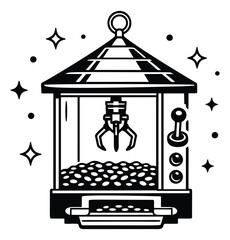 Hand drawn line art illustration of a claw machine depicting a game of chance for arcade entertainment