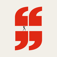 Obraz premium Minimal vector illustration concept of a woman under communication stress. Female silhouette experiencing heavy pressure, crushed by a giant red quote mark, depicting the toll of corporate gossip.