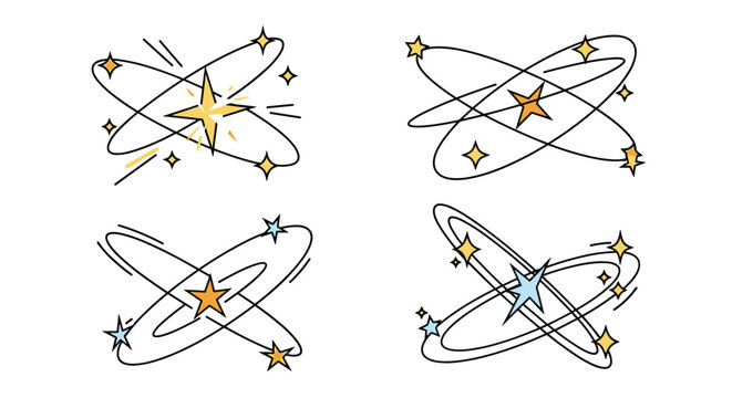 Set of four colorful comic style dizzy stars with motion circles provides creative elements for dynamic illustrations.