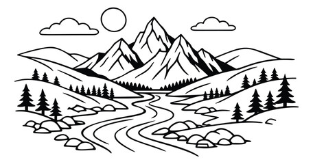 Fototapeta premium Line art illustration of a mountain landscape depicting majestic peaks and a flowing river for outdoor adventures