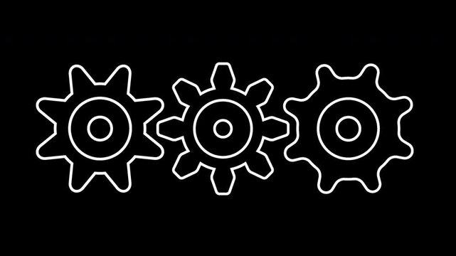 Looping cogwheels spinning outline alpha channel isolated animation motion graphics. Gears running 4k video to use for technology, business, mechanics, engineering video projects. 