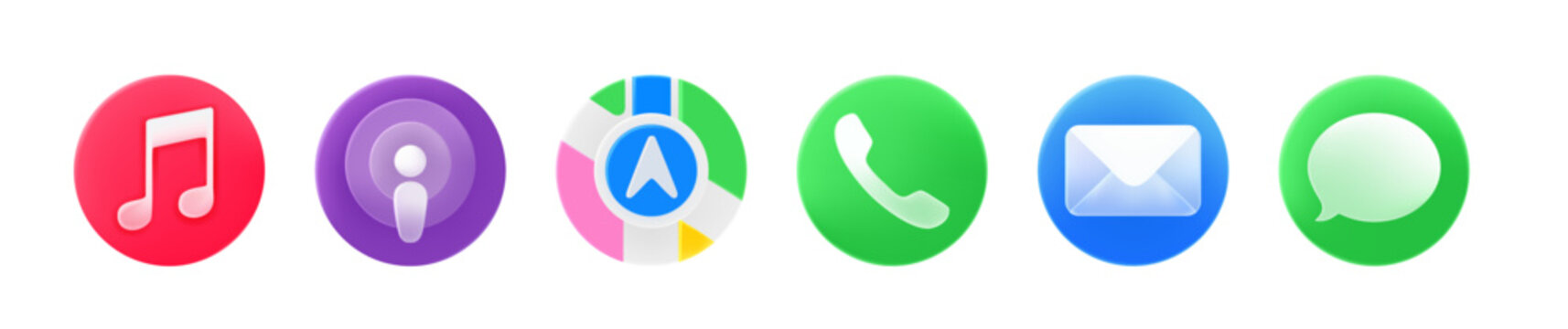 Set of round Apple Watch app icons, such as Apple Music, Podcasts, Maps, Phone, Mail and Messages, isolated on transparent background, vector illustration