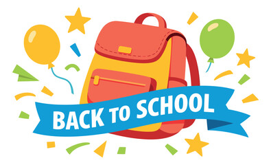 Fototapeta premium Bright flat design illustration of a school backpack and 'Back to School' ribbon surrounded by festive elements for educational promotions