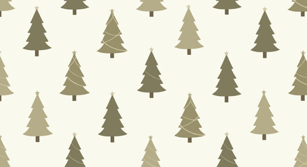 Obraz premium Minimalist seamless pattern featuring small simple Christmas trees in shades of green and beige on a cream background.