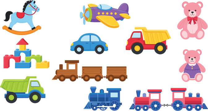 Cute Cartoon Toy Collection Vector Illustration with Cars, Train, Airplane and Teddy Bear