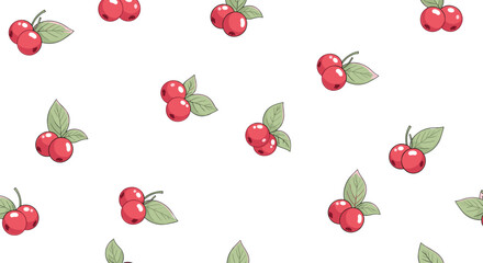 Whimsical seamless pattern with bright red berries and green leaves on a white background for festive, kitchen, or nature designs.