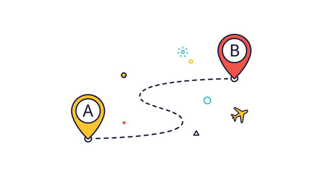 Travel route map illustration showing destination points A and B connected by a dashed line path with a small yellow airplane icon.