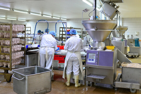 Production of sausages on a conveyor belt in a large meat processing plant - Industrial food processing - Workers in work clothes