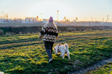Fototapeta premium Back view blonde white woman walking retriever dog across grassy embankment at sunset