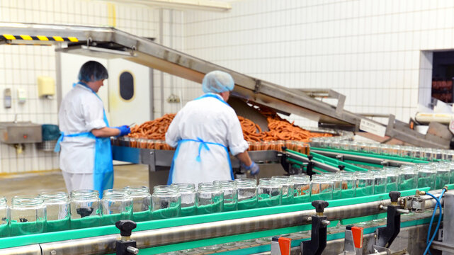 Production of sausages on a conveyor belt in a large meat processing plant - Industrial food processing - Workers in work clothes