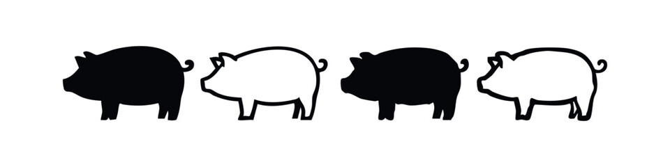 Fototapeta premium Diverse Pig Silhouettes and Outline Icons Set on White Background
