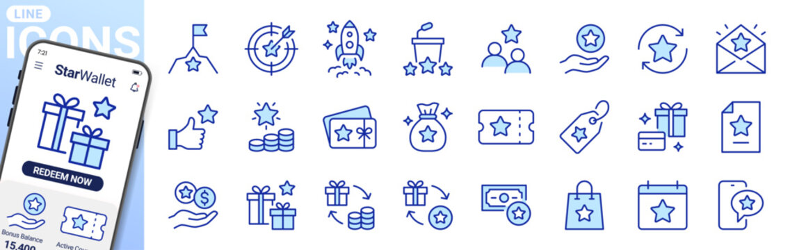 Reward and loyalty program icon set with stars, gifts, rocket, achievements. Success symbols for customer recognition, bonus points, goal targeting, membership benefits. Blue duotone line vector