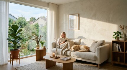 Plakat Cozy living room with woman reading and dog sleeping on sofa by large window