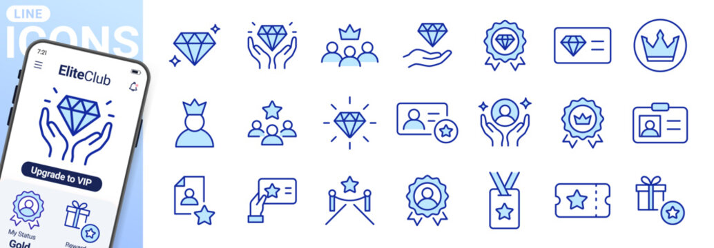 VIP membership and premium rewards icon set with diamonds, crowns, ID cards, stars. Achievement symbols for exclusive status, loyalty program benefits, user recognition. Blue duotone line vector.