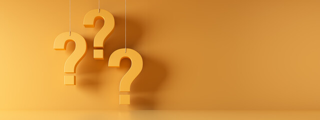 Three hanging white question marks in front of a yellow wall with copy space - 3D illustration