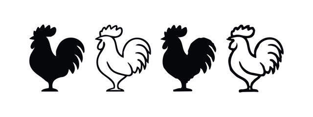 Rooster icon set. Black silhouette and outline illustrations of standing roosters. © liubomir118809