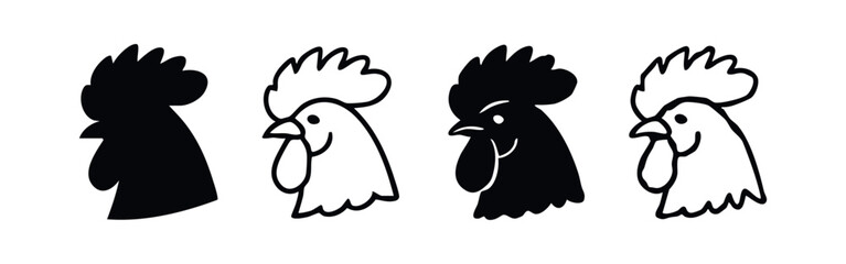 Rooster head icon set. Black silhouette and outline illustrations of chicken heads. © liubomir118809