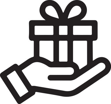 hand holding gift box present icon black white outline vector illustration