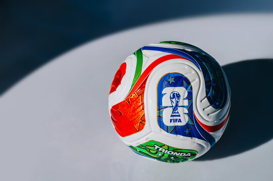 FIFA World Cup 2026 official ball Trionda by Adidas on white background, clean studio shot with ample white edit space for marketing or editorial use.