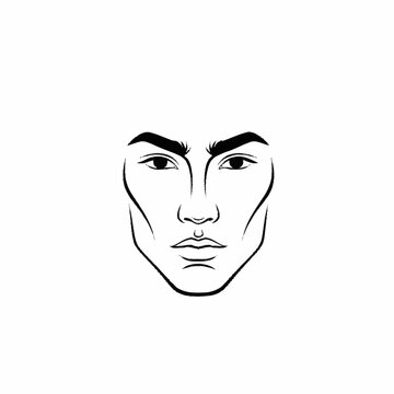 Male face chart for makeup artists, black and white illustration.