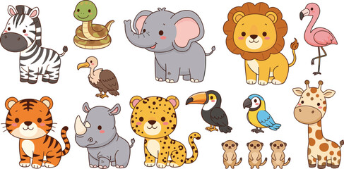Cute Safari Jungle Animals Cartoon Collection with Lion, Elephant, Zebra, Giraffe, Tiger, Rhino and Tropical Birds Vector Set © MstBobita