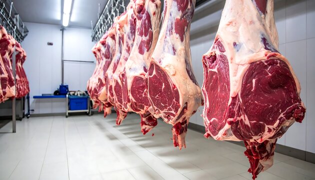 Freshly butchered beef carcasses hang in a sterile, white-tiled refrigeration room, ready for processing and distribution