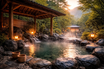 森に囲まれた和風旅館の露天風呂と湯けむりが癒しを誘う温泉風景、石造りの湯船と行灯の灯りが美しい夕暮れの日本旅・リラクゼーション背景素材