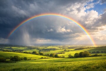 Fototapeta premium Majestic rainbow over green countryside landscape after rain with dramatic clouds and sunlight