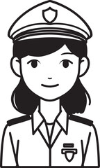 Hand Drawn Female Police Black and White Avatar Illustration in Minimal Line Art Style Design