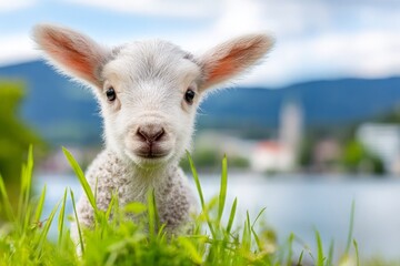 Obraz premium Cute lamb in green grass with distant lake and mountains, evoking Easter