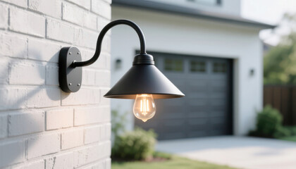 Black outdoor wall light fixture mounted on a white brick wall, illuminating a driveway and garage in a residential setting
