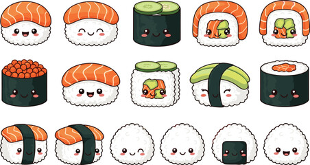 Cute Kawaii Sushi Cartoon Collection with Salmon Nigiri, Maki Rolls, Onigiri and Japanese Food Characters Vector Set © MstBobita