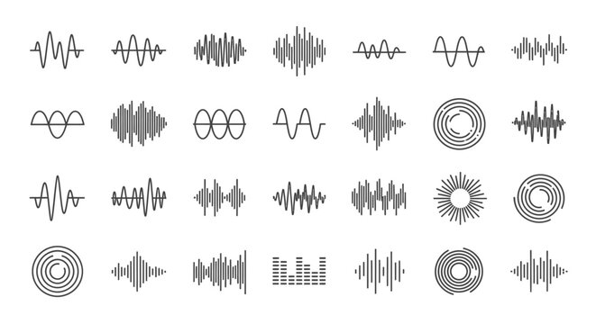 Diverse collection of abstract sound wave patterns and audio signal visualizations, including sine waves and concentric circles on an isolated white background.