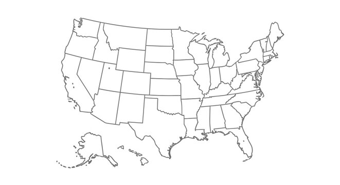 Outline Map of the United States of America Showing All State Borders, isolated white background.