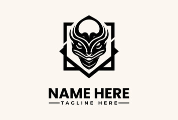 A black and white vector illustration of a stylized animal head logo with geometric shapes on a beige background, featuring placeholder text for a name and tagline.
