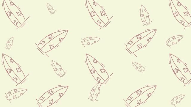 Holidaythemed doodle with scattered surfboard outlines on light yellow, perfect for summer designs evoking fun and beach vibes. Suitable for summer holiday promotions or travelthemed projects.