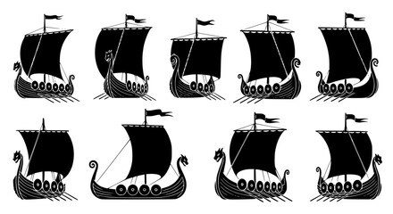 Professional Viking Ship Silhouette Grid – Nine Stylized Longships Vector EPS 10 © MdAmzad