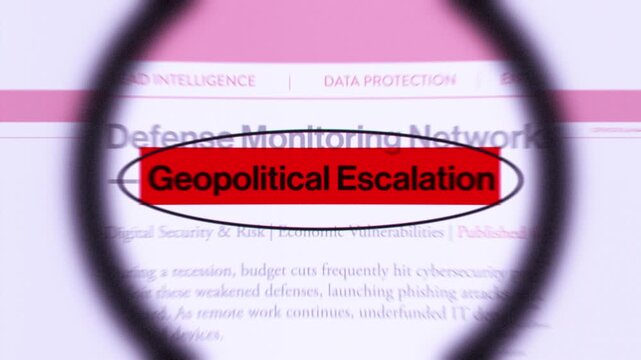 Geopolitical escalation fast sequence news articles headline title animation with magnifying glass documentary style