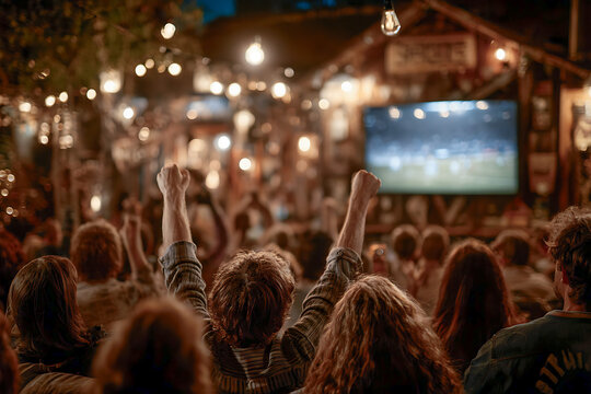 A lively crowd watches a sports match on a big screen at night, raising fists in celebration under warm string lights in an outdoor bar or fan zone.