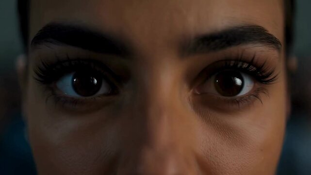 Close-up portrait of a woman's eyes with long eyelashes and dark eyebrows against a blurred background.